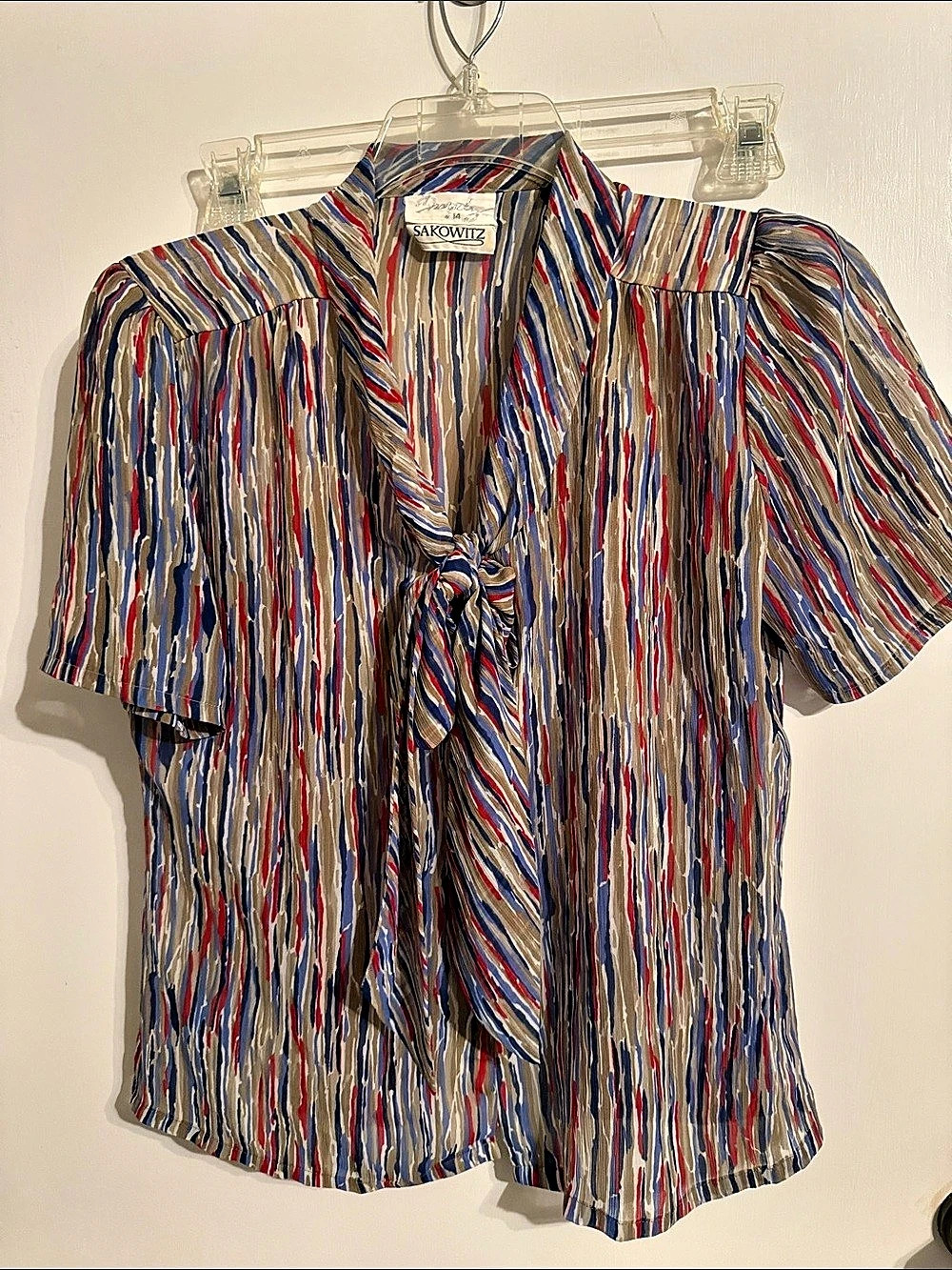 Sakowitz Abstract Stripe Blouse Blue & Red Size 14 Like New